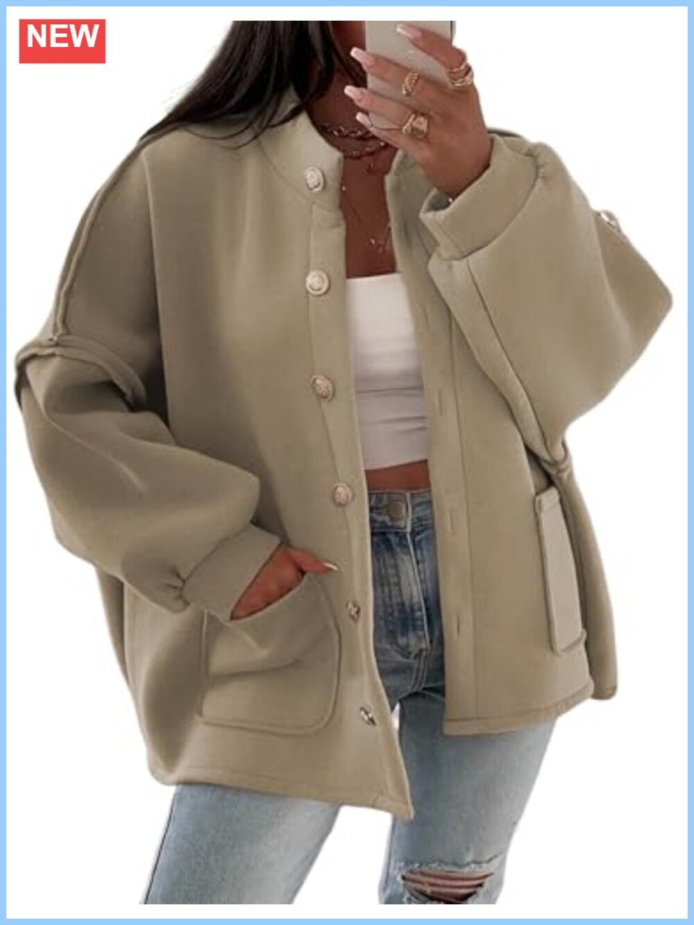 Oversized Button Down Lantern Sleeve Jacket with Pockets